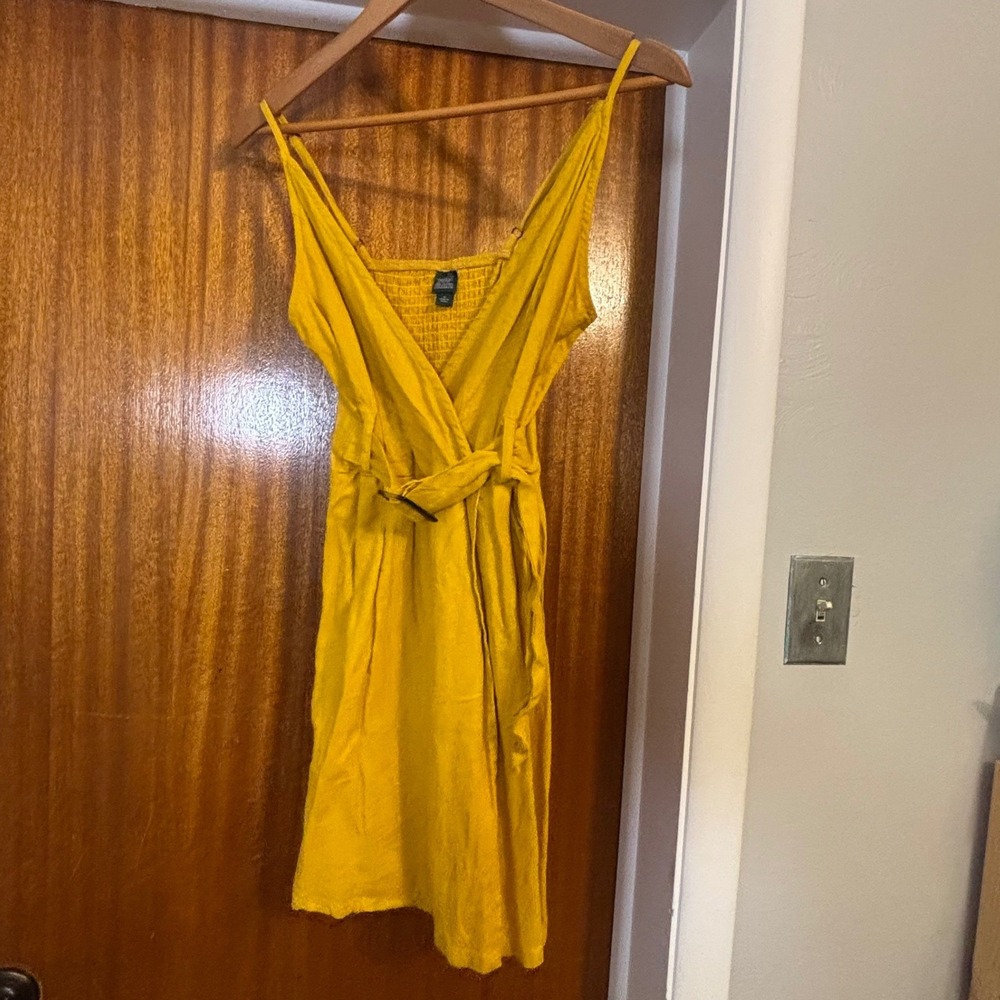Wild Fable Mustard Yellow Linen Blend Smocked Back Belted Mini Dress Womens M